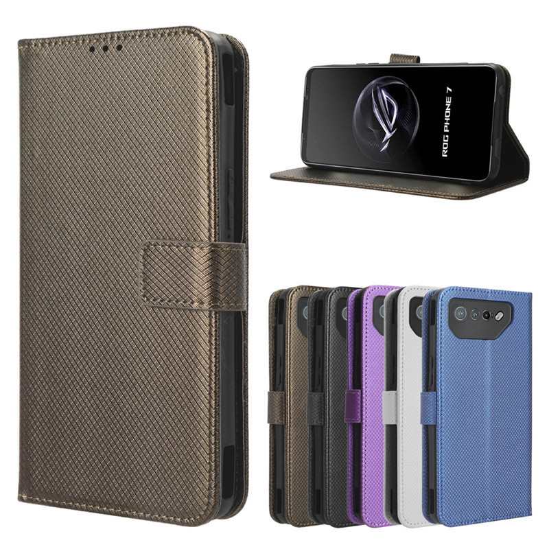 適用華碩Asus ROG Phone 7手機殼鑽石紋插卡掛繩皮套翻蓋Rog7護殼