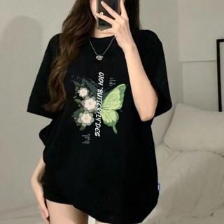 衣時尚 大碼上衣 印花T卹 S-3XL 字母上衣 學院風 新款設計感小眾短袖T卹蝴蝶印花寬鬆半袖上衣-706.