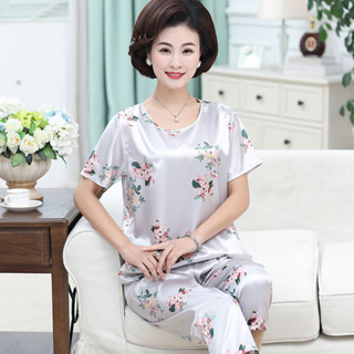 中老年睡衣女夏季模擬絲綢中老年胖媽媽200斤家居服大碼套裝中老年女夏季模擬絲短袖睡衣xiyanghongfushi666