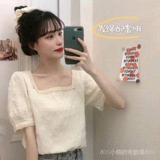 【臺灣出貨】夏季新款韓版寬鬆顯瘦蕾絲花邊拚接方領上衣別緻短袖雪紡衫女大碼女裝 胖妹妹 大尺碼
