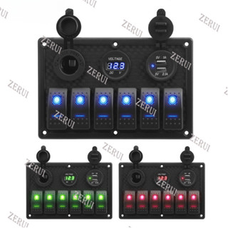 Zr 適用於 12V/24V 翹板開關面板適用於卡車露營房車遊艇船用汽車 6 單元雙 USB 插槽插座數字電壓表電壓顯示