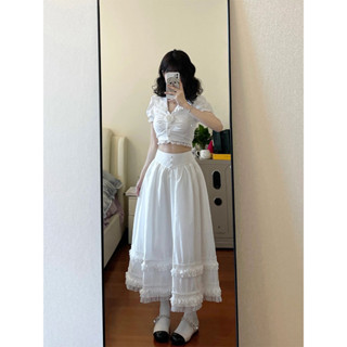 現貨法式娃娃領上衣+辣妹半身長裙套裝女夏季假日油畫感蕾絲拼接優雅兩件套藝術生穿搭玫瑰花設計感短袖+蕾絲花邊蛋糕裙套裝