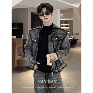 【HOT 本舖】男裝 美式復古做舊毛邊黑色牛仔外套高階感vintage機車服牛仔褂夾克男