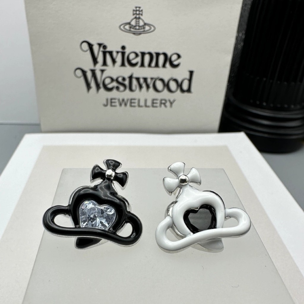 Vivienne Westwood 黑白滴油愛心鑲鋯耳環小眾設計感耳環簡約甜酷氣質百搭