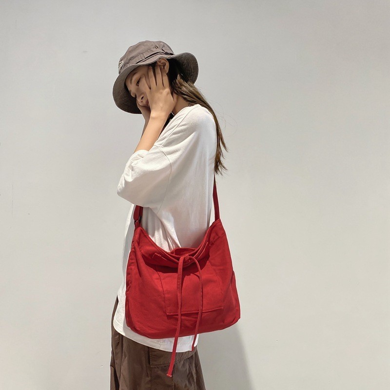 紅色帆布斜背包包女蝴蝶結設計郵差包大容量單肩女包學生上課書包