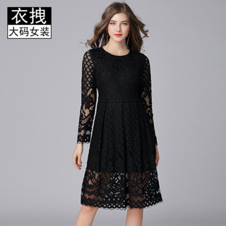 女裝黑色洋裝 歐美時尚定位蕾絲加大尺碼裙子