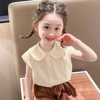 女童夏季娃娃衫上衣兒童圓點純棉娃娃領短袖T恤女孩寶寶夏裝襯衫