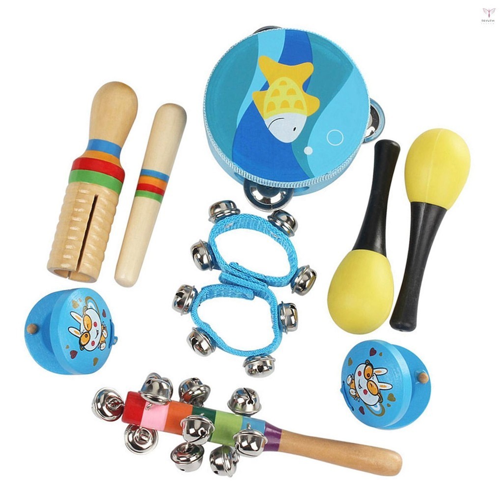 10 件/套音樂玩具打擊樂器樂隊節奏套件,包括手鼓馬拉卡斯響板手鈴木製 Guiro 適合兒童兒童幼兒