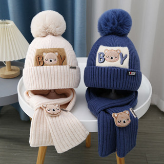 秋冬兒童帽子男孩小熊毛線帽女童針織加棉保暖寶寶帽子圍巾兩件套