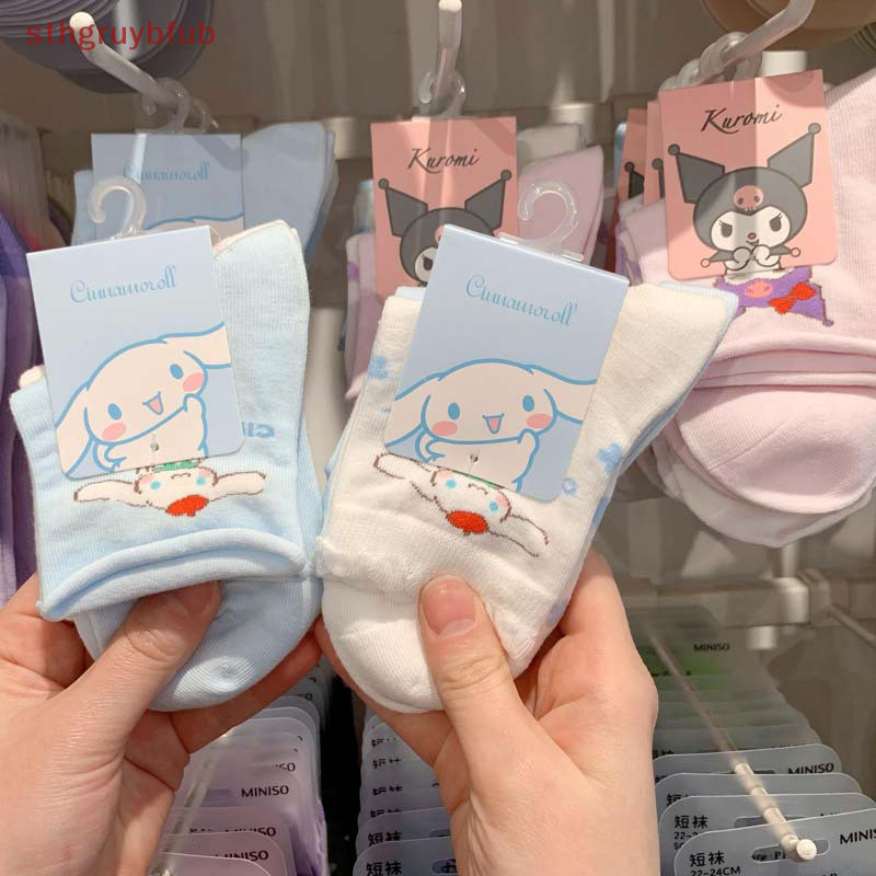 三麗鷗 Sthb Sanrio 襪子女孩女士中筒襪 Kuromi Hello Kitty Cinnamoroll 甜美卡