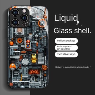 手機殼卡通黑色馬裡奧積木防摔保護套鋼化玻璃外殼適用於 iPhone 15Pro 15 14 8 7 Plus 13 12