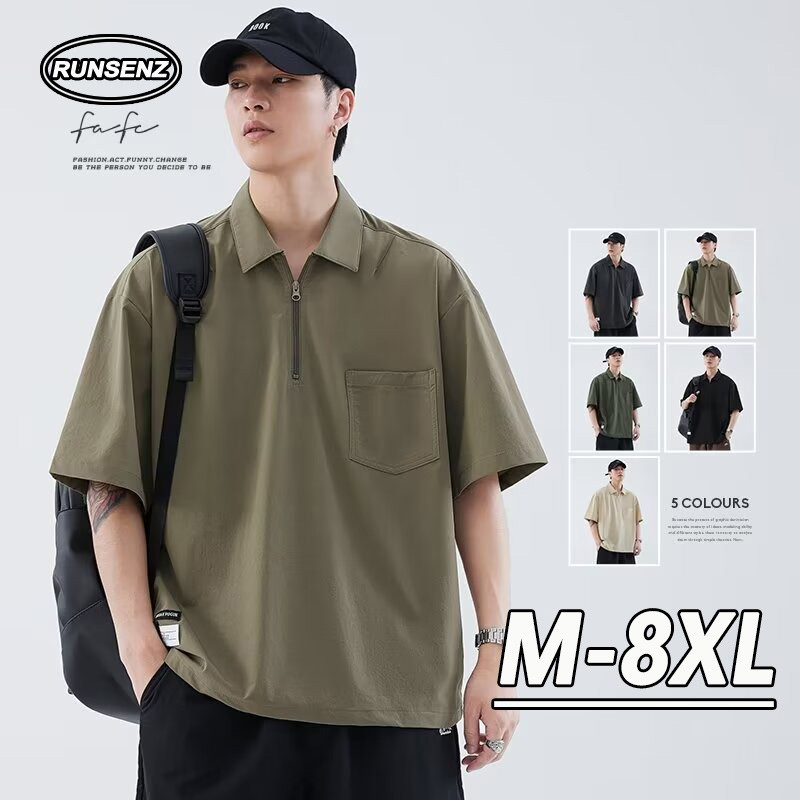 M-8XL 韓系簡約大尺碼短袖Polo衫男 半拉鍊t恤 休閒寬鬆男生上衣 夏季男裝 胖哥穿搭 加大尺碼