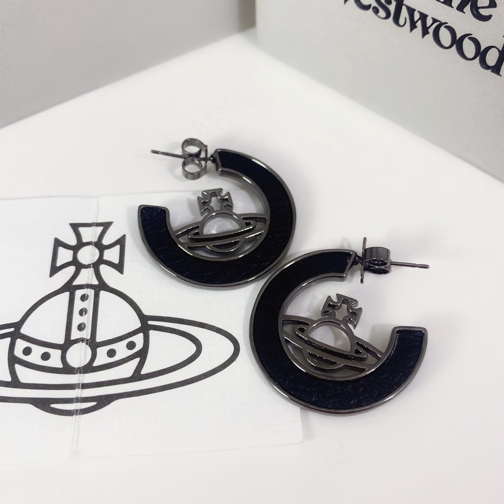 Vivienne Westwood 黑色皮革星球C形耳環鏤空星球耳環土星時尚百搭耳飾