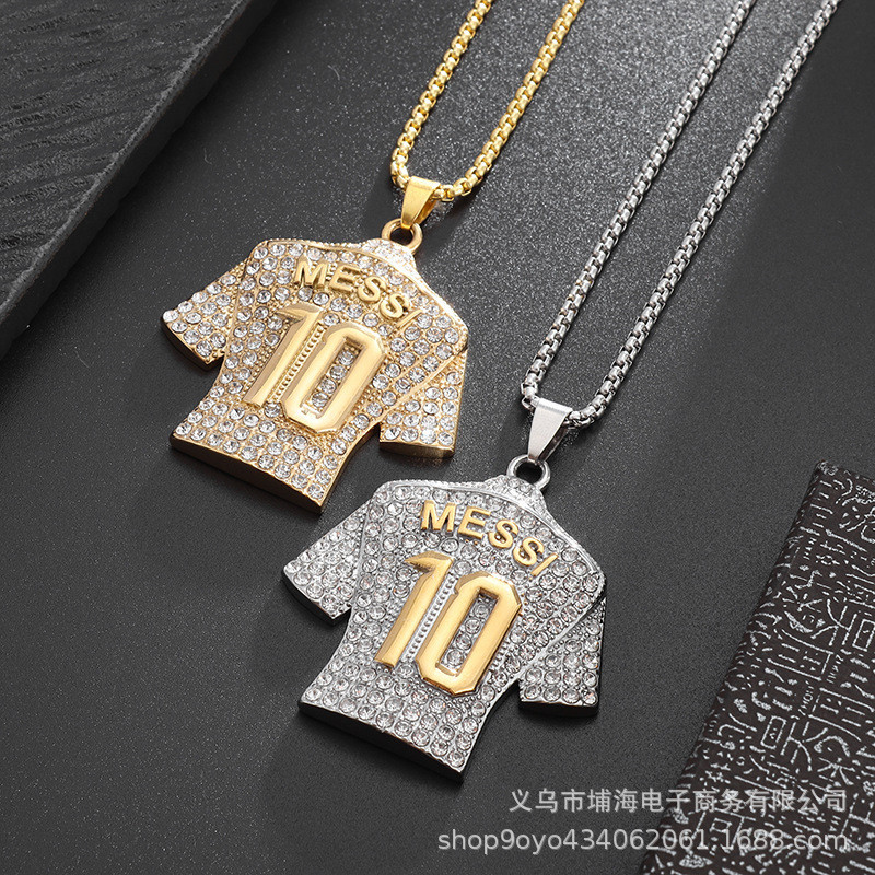 新款嘻哈hiphop飾品鈦鋼鍍金鑲鑽足球MESSI梅西10號 球衣吊墜項鍊