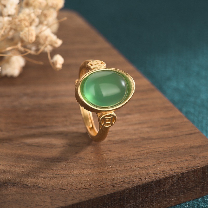 新款銅鍍金指環復古宮廷中國風古典鑲嵌綠玉髓元寶戒指