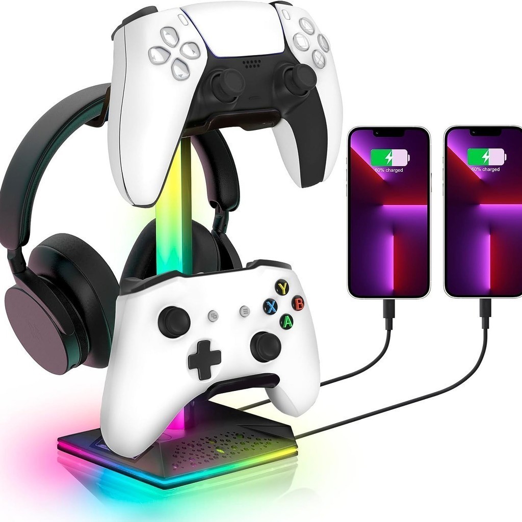 【升級款】PS4/5遊戲手柄支架掛鉤RGB發光耳機支架開關控制器展示架帶擴展口配件