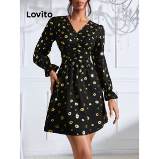 Lovito 性感女式點點褶襉荷葉邊洋裝 LBL12171
