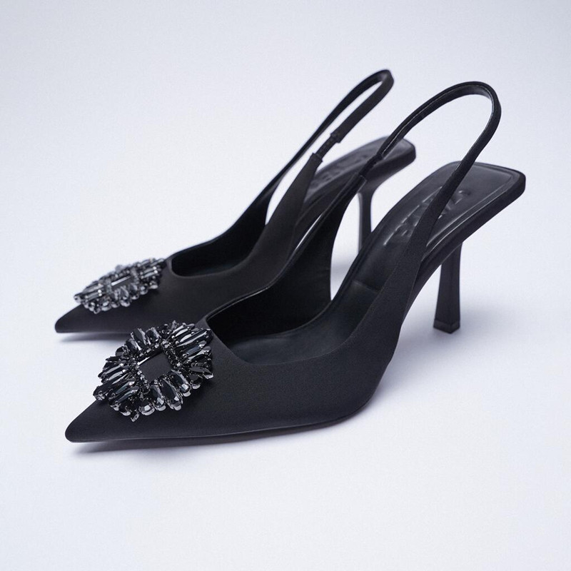 ZARA2021年新品女鞋黑色水鑽高跟鞋尖頭細跟單鞋女氣質小香風穆勒鞋
