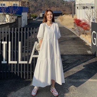 韓版寬鬆白色中長款洋裝女大尺碼新款A字洋裝