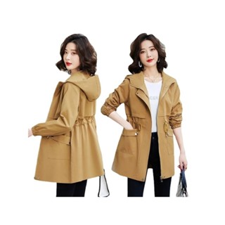 Ready Stock Kahki 連帽中長風衣棉衣女士休閒風衣外套韓版外套寬鬆經典大衣