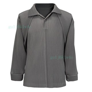 【桃園出貨 高品質 專做回頭客】三宅男裝 摺衣三宅 三宅上衣 2024日係褶皺男士 純色寬鬆休閒翻領長袖上衣polo