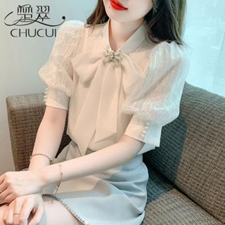 雪紡 短袖 襯衫 女士 夏季 減齡 洋氣 小衫 2024 新款 爆款 T恤衫 泡泡袖 上衣