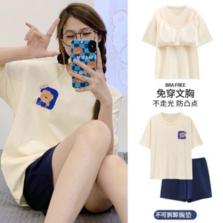 ♥睡衣女夏季短袖套甜美帶胸墊韓版卡通學生休閒家居服寬鬆大碼夏天