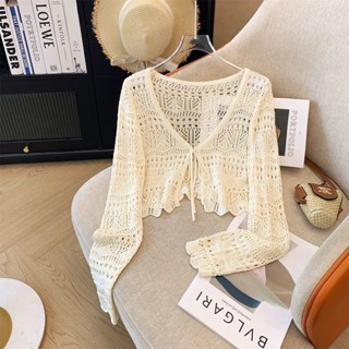 芊芊 25-03 新品發佈 【5213人好評】法式設計感鏤空刺繡花防曬針織小外套薄款長袖顯瘦減齡短版罩衫上衣女