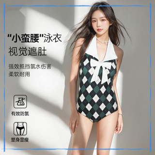 [現貨特惠]新款連體泳衣女美式複古裙式顯瘦遮肚學院辣妹風經典菱格度假泳裝