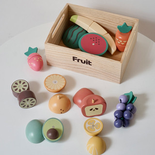 KIENVY 木質磁性蔬菜水果積木 餐食組木盒套裝 原木菜板 鍋具組合 廚房玩具