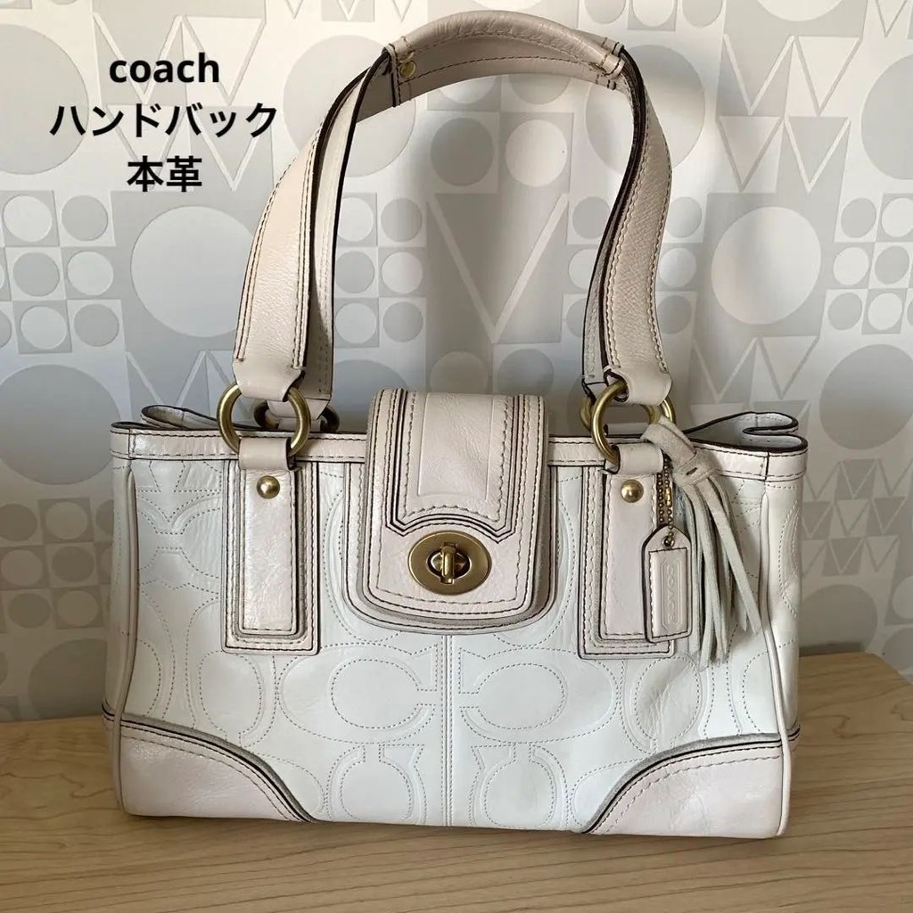 COACH 蔻馳 手提包 Signature 白色 皮革 日本直送 二手