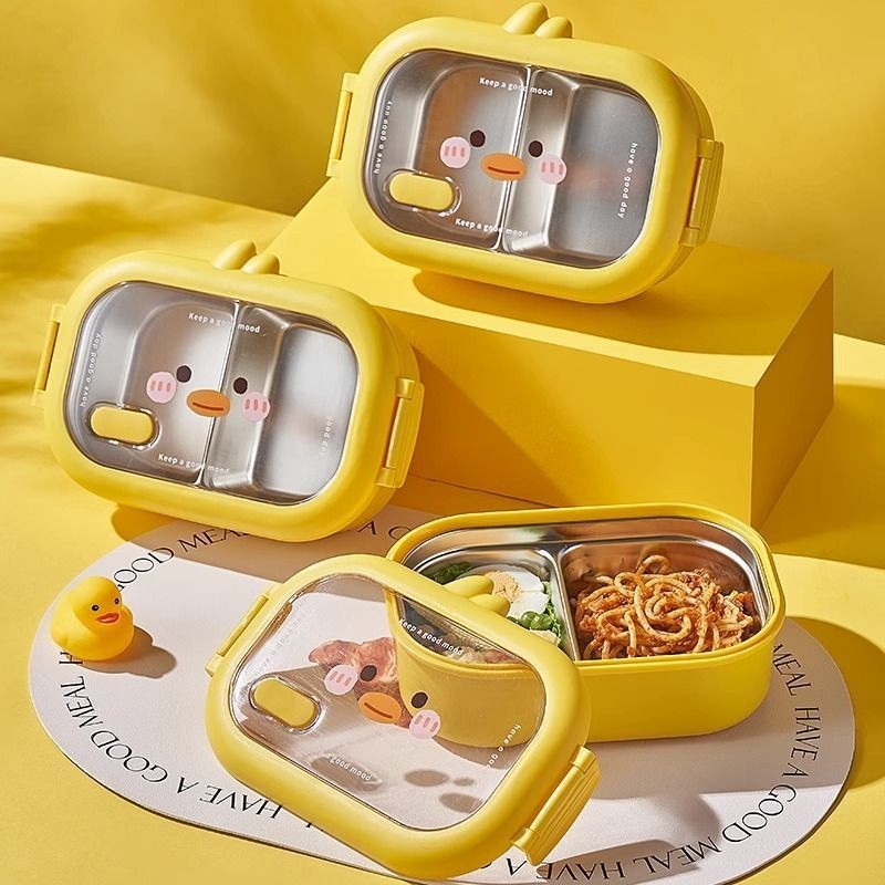«保鮮盒» 現貨 可愛小黃鴨不鏽鋼 便當盒  飯盒 可微波爐加熱學生專用保溫餐盒防燙