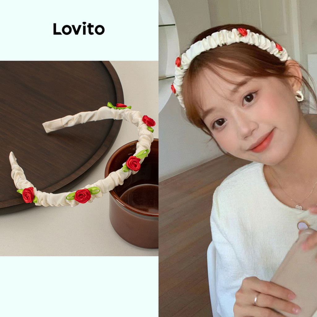 Lovito 休閒素色花朵復古法式女髮帶 LFA22033