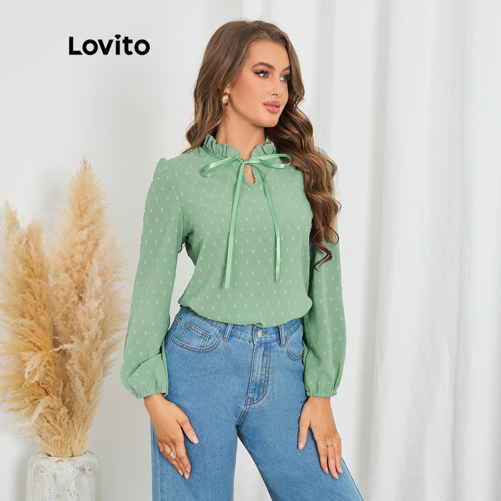 Lovito 女士休閒素色抽繩荷葉邊領襯衫 LBL20146