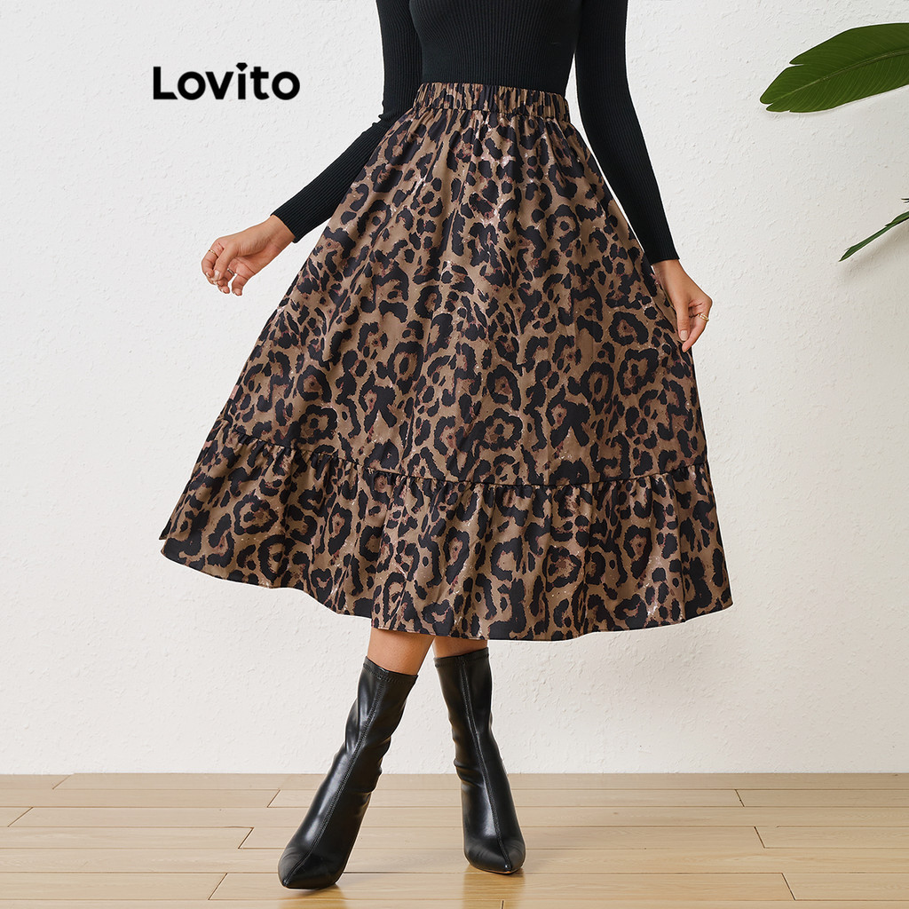 Lovito 女士休閒豹紋荷葉邊下擺短裙 LBL10225