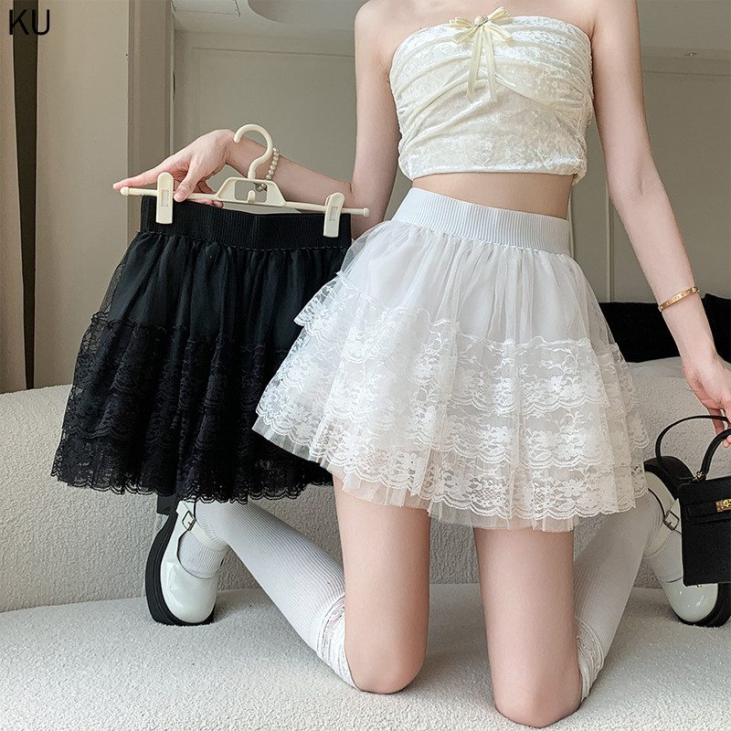 2024夏新款 白色短裙女蕾絲小裙子 高腰顯瘦法式蓬蓬裙 白色黑色蛋糕裙 a字半身裙短裙