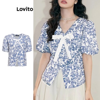 Lovito 女式波西米亞幾何圖案蝴蝶結紐帶襯衫 L86ED293