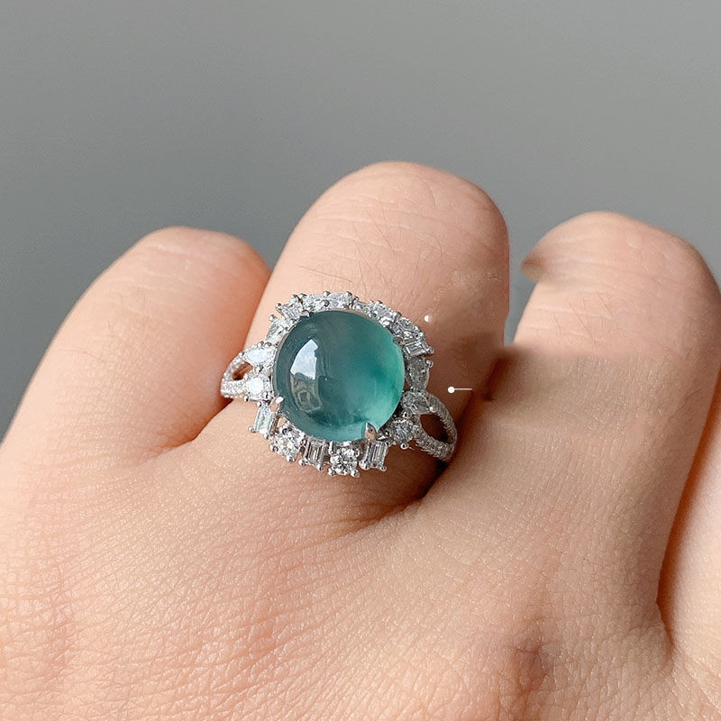 輕奢珠寶感足藍水飄花蛋面戒指S925純銀鑽鑲嵌款式氣質時尚