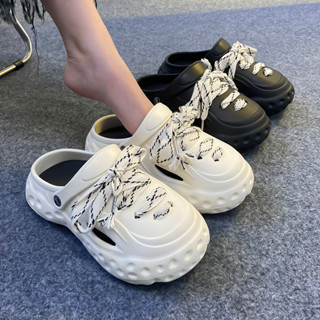 新款EVA洞洞鞋加厚軟底踩屎感洞洞鞋DIY白色條紋鞋帶情侶洞洞鞋女