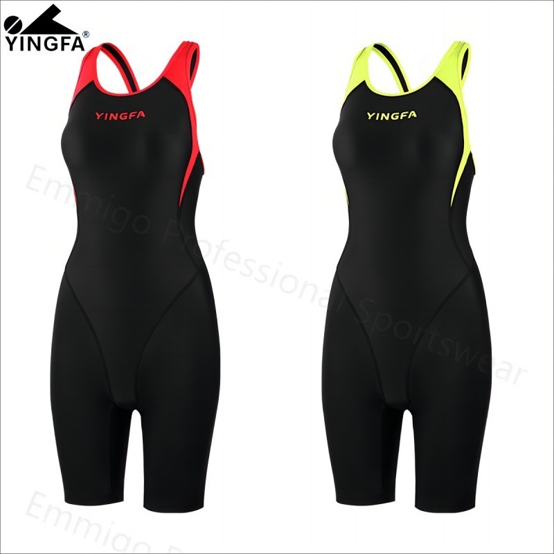 Yingfa 女士專業運動泳裝及膝泳衣 黑色腹部覆蓋和瘦身訓練防水氯阻力女孩泳衣