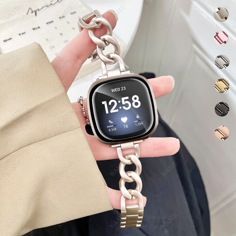 適用於 Fitbit Versa 4 3 2 1代 古巴鏈金屬錶帶 快拆錶帶 個性百搭 手鏈錶帶