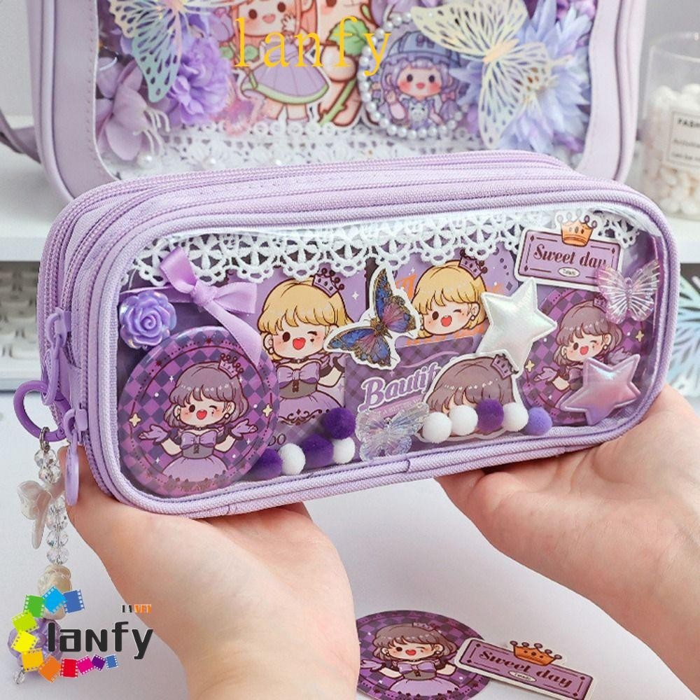 LANFY鉛筆袋,防水透明鉛筆盒,卡哇伊女孩兔子紫色大容量別針展示袋文具