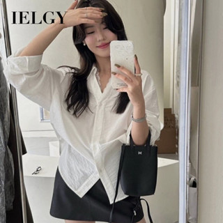 IELGY 甜美蕾絲拼接長袖襯衫女寬鬆休閒風上衣