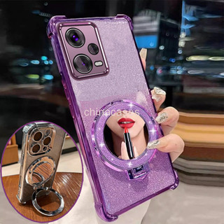 外殼 Redmi Note 12 5G Note 12 Pro 5G 手機殼四角防摔電鍍帶美學鏡面支架 TPU 軟殼