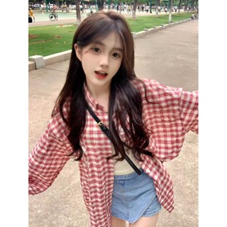 【TBB】👒復古格子bf風慵懶長袖襯衫外套女夏新款百搭寬鬆休閒上衣女💗