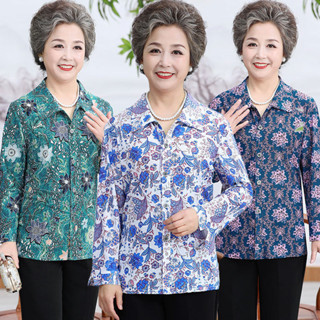 【現貨】1021人收藏中老年人女裝薄款冰絲襯衫長袖女奶奶裝寬鬆大尺碼小外套上衣3.27ty