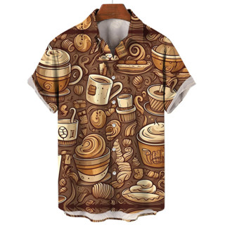 卡通咖啡印花夏季時尚夏威夷沙灘襯衫男士個性短袖襯衫上衣