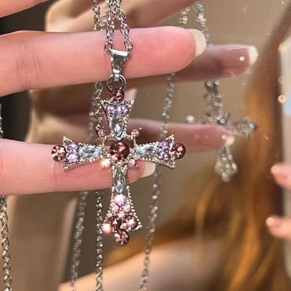 Y2K 辣妹 粉色 水鑽 鋯石 十字架 項鍊 女士 鑽石 鎖骨鏈
