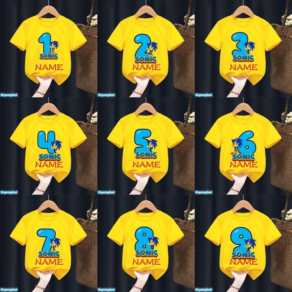 2024新款黃色卡通印花生日快樂1-9號定制姓名兒童t恤禮物短袖上衣