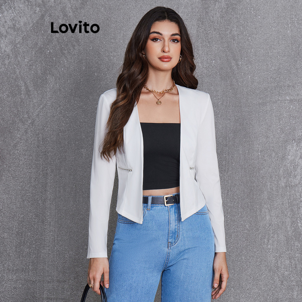 Lovito 女士休閒素色拉鍊西裝外套 LBL20183